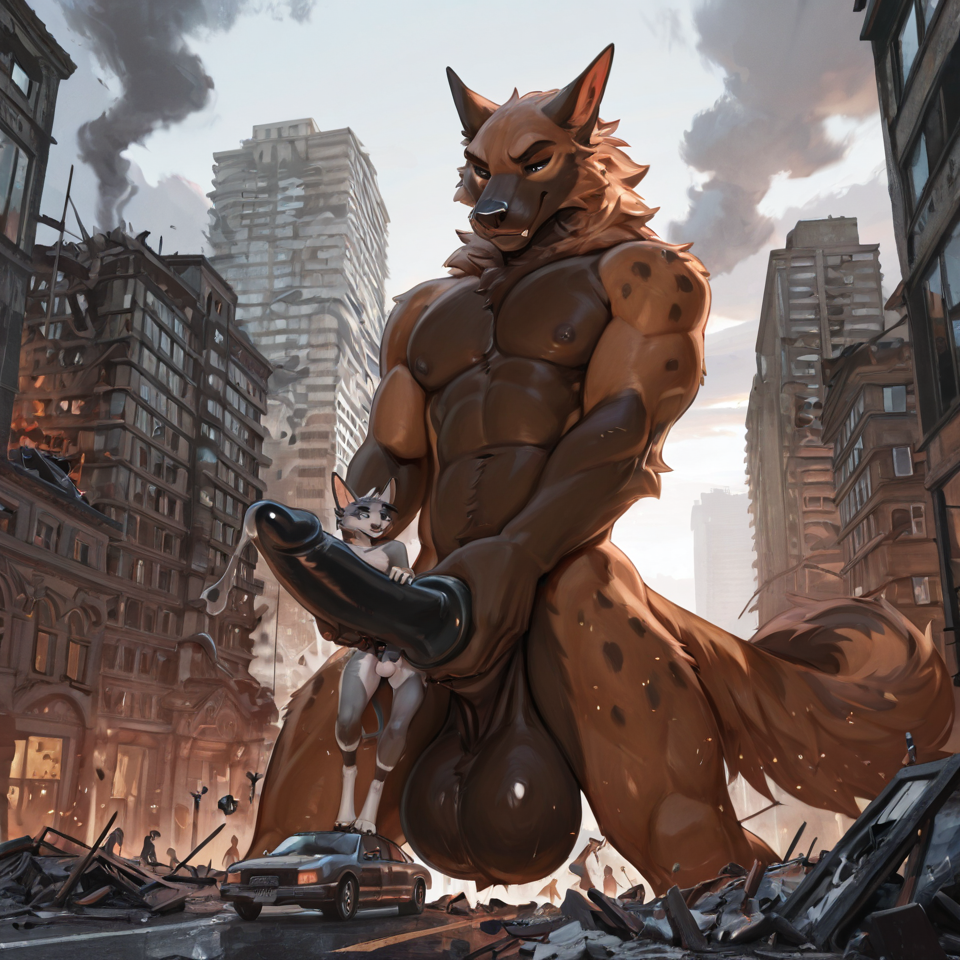 building_destruction, nude_male, anthro, sheath, huge_balls, huge_sheath, tiny_people, sheath_play, sheath_penetration