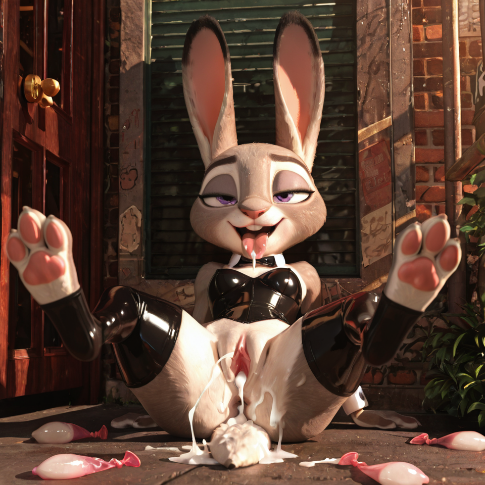 A, female, anthro, photorealism,  judy_hopps, zootopia, disney, bunny, paws, no_underwear, thigh_highs, slutty_clothes, erect nipples, saliva_string, running_makeup, narrowed_eyes, anus outlines, spread_legs, lying_on_ground, full body focus, dirty alleyway, multiple used full condoms on ground, (realistic 3d artwork), detailed fur, photorealistic, ultra realistic textures, 4k, dripping_vulva, creampie, gaping_vagina, massive_cumshot, drooling_tongue,