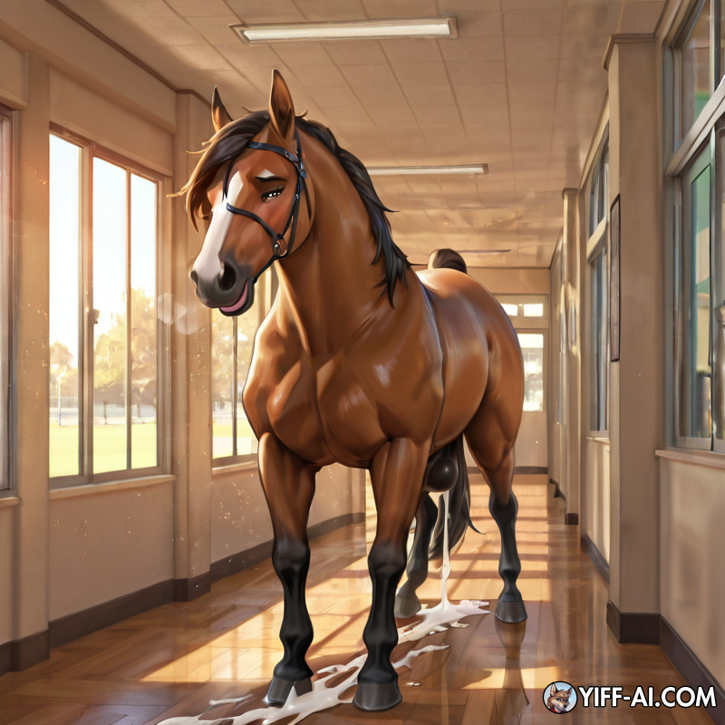Feral dragon with horse cock leaking cum on floor hallway, school
