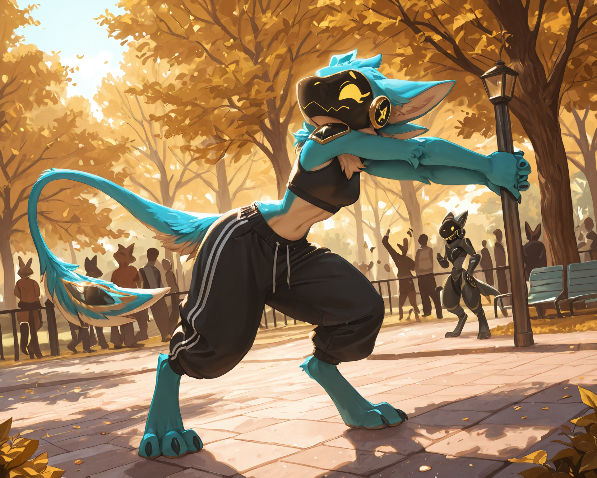 by_kluclew:1.5, solo_focus, protogen, avali, protogen_avali, hybrid, female, thin, slender, small_breasts, small_waist, jagged_mouth, digitigrade, three_toes, four_fingers, sweatpants, crop_top, sunny, park, populated_park, detailed_fur, being_watched, crowd, stretching