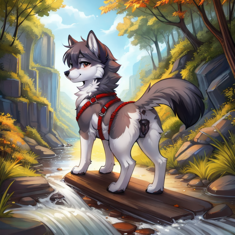 by tom fischbach,by arh,by seraziel,by silverfox5231, Character: wolf, canine, feral,detailed face,female,cute face, solo, black pussy(canine pussy, thick pussy,), black_anus, solo, Wearing:  rope_harness, big_buttplug insertion ass anthro, Scene:outside,best_quality, HDR, 4K,