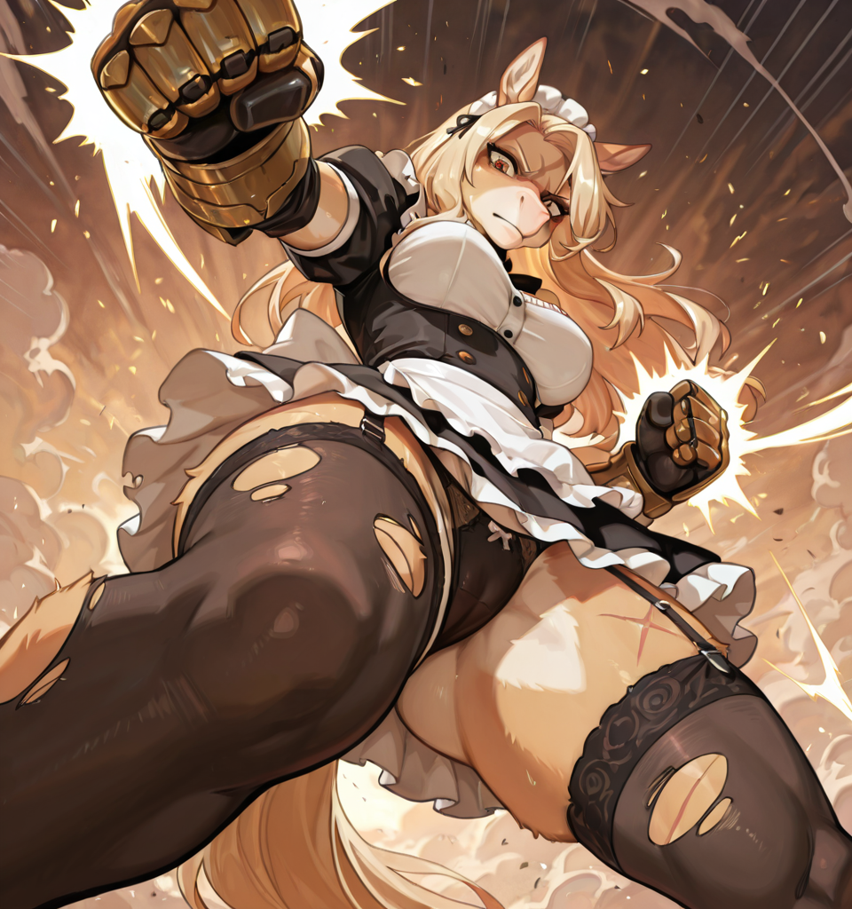 horse girl, anthro, maid uniform, torn clothing, scar, serious face, skimpy, clothing cutout, medium breasts, thighhighs, thighs, garter straps, dust cloud, long hair, (incoming attack:1.2), punching, (foreshortening:1.2), (close-up:1.3), dynamic pose, female, motion lines, afterimage, power fist,  blond fur, looking at viewer, shaded face, low-angle view, front view,