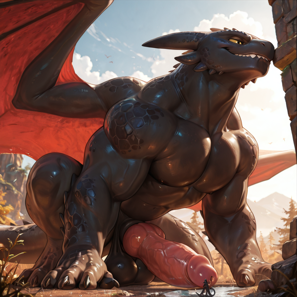 feral_pred, huge_penis, huge_balls, dragon, dragon_genitalia, male, size_difference, toothless, muscular, solo, feral, biting_lip, ineffective_censorship,