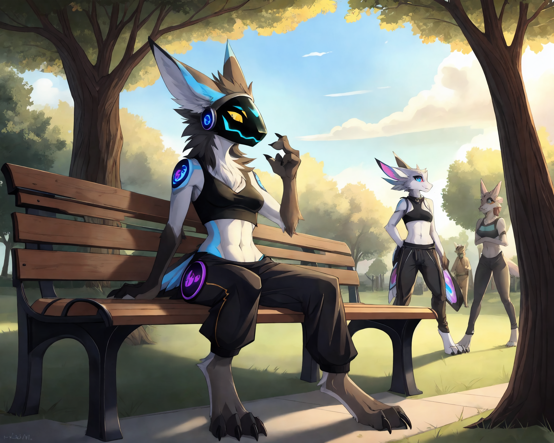 by_kluclew:1.5, solo_focus, protogen, avali, protogen_avali, hybrid, female, thin, slender, small_breasts, small_waist, jagged_mouth, digitigrade, three_toes, four_fingers, sweatpants, crop_top, sunny, park, populated_park, detailed_fur, being_watched, crowd, park_bench, sitting, pants_down, exposed_pussy, seductive