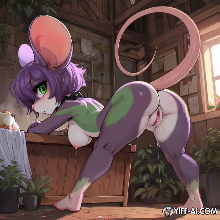 anthro, canine_genitalia, multicolored_fur, collar, green_eyes, mouse_girl, small_breasts, short_anthro, herm, solo, full_body, spread_legs, looking_back, bent_over, purple_fur, green_fur, pussy_juice_leaking, canine_vulva, short_stack, long_tail, muliple_breasts