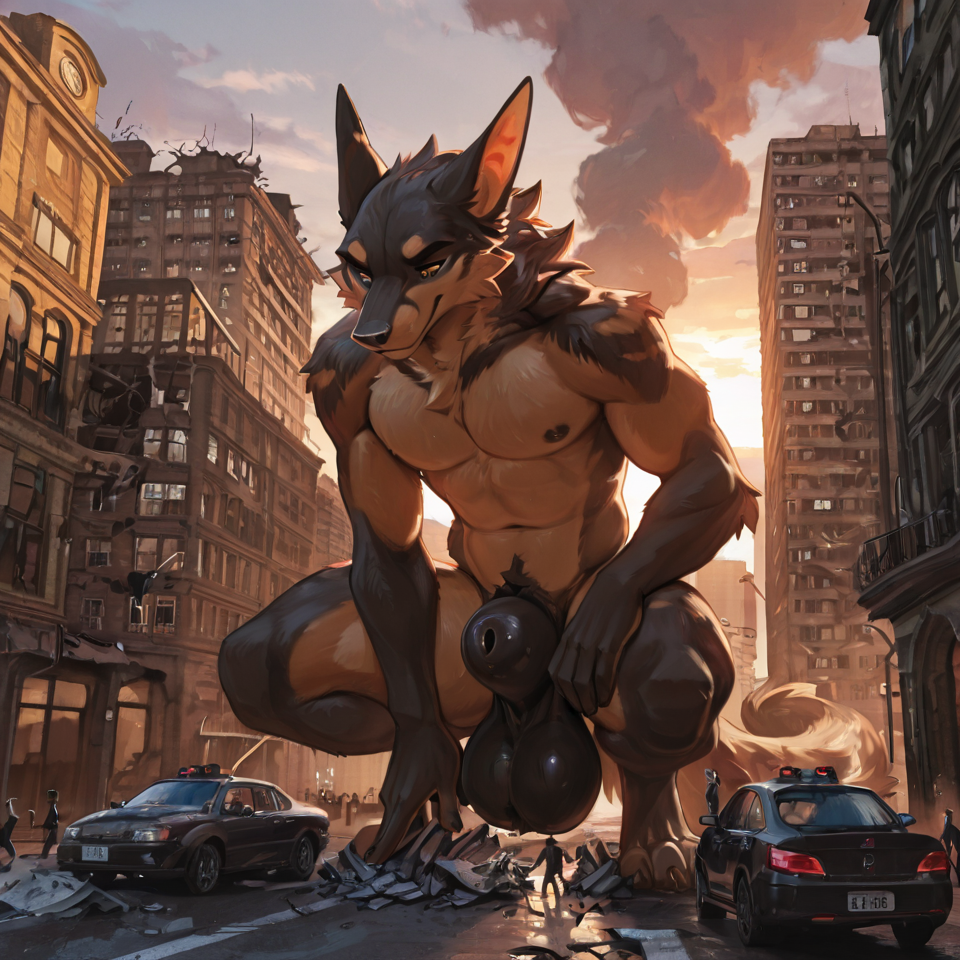 building_destruction, nude_male, anthro, sheath, huge_balls, huge_sheath, tiny_people, shoving_people_into_sheath