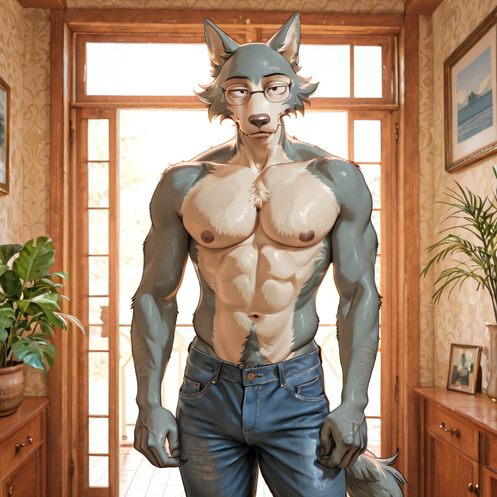 (by_furronika:1.4), solo, anthro, male, canid, wolf, grey_body, beastars, Legoshi_(Beastars), standing, living_room, jeans, shirtless, looking_at_viewer, mature_male, elderly_male, glasses, saggy_body, wrinkles, old_man,