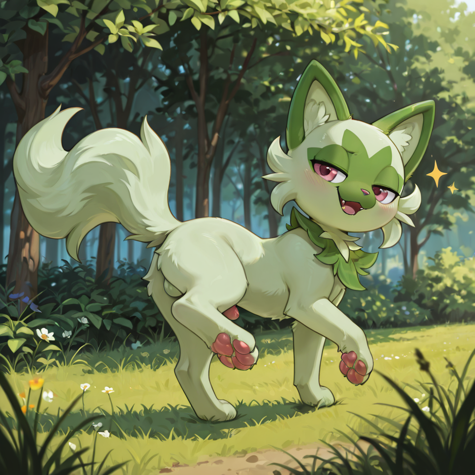 sprigatito，male,futa,longeyelashes,  nsfw, long tail,pawpads, naughty_face, paws, solo,  feral, （by rabbitadvisory：2.0）， grass,  on_side, foot_focus, style_emulation,  leg_up,  standing, feline_genitalia,