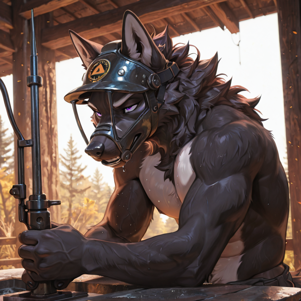 athletic_male, anthro, wolf, messy_hair, purple_eyes black_fur, white_markings  Welder welding_mask Stick_welding