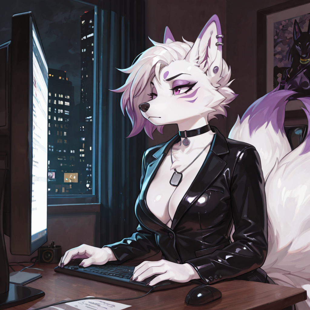 Strictly_females, No_males, solo_focus,  ~~~~~~~~~~~~~~~~~~~~~~~~~~ voluptuous_female, anthro_Kitsune, white_fur, two_tone_hair, medium_breasts,  purple_markings, Multiple_tails, mascara, dominant_nature, ~~~~~~~~~~~~~ Black_Suit_top, multiple_piercings, choker, dog_tags, ~~~~~~~~~~~~~~~~~~~~~~~~~~~ Sitting_behind_desk, Using_Computer, Monitors_on_wall_in_background, japanese_esthetic ,