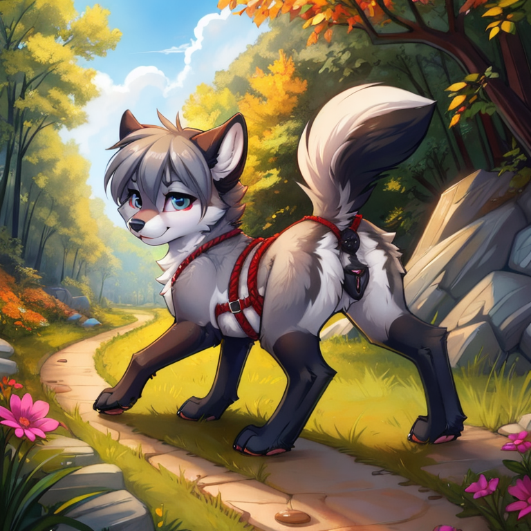 by tom fischbach,by arh,by seraziel,by silverfox5231, Character: wolf, canine, feral,detailed face,female,cute face, solo, black pussy(canine pussy, thick pussy,), black_anus, solo, Wearing:  rope_harness, big_buttplug insertion ass anthro, Scene:outside,best_quality, HDR, 4K,