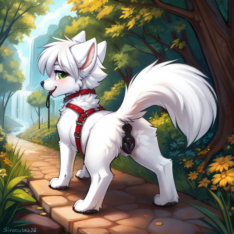 by tom fischbach,by arh,by seraziel,by silverfox5231, Character: wolf, canine,green eyes, feral, white fur,detailed face,female,cute face, solo, black pussy(canine pussy, thick pussy,), black_anus, solo, Wearing: ball_gag in mouth, , harness, jewelry_buttplug in ass, Scene:outside,best_quality, HDR, 4K, exposed genitalia,rear view, looking for wiewer,