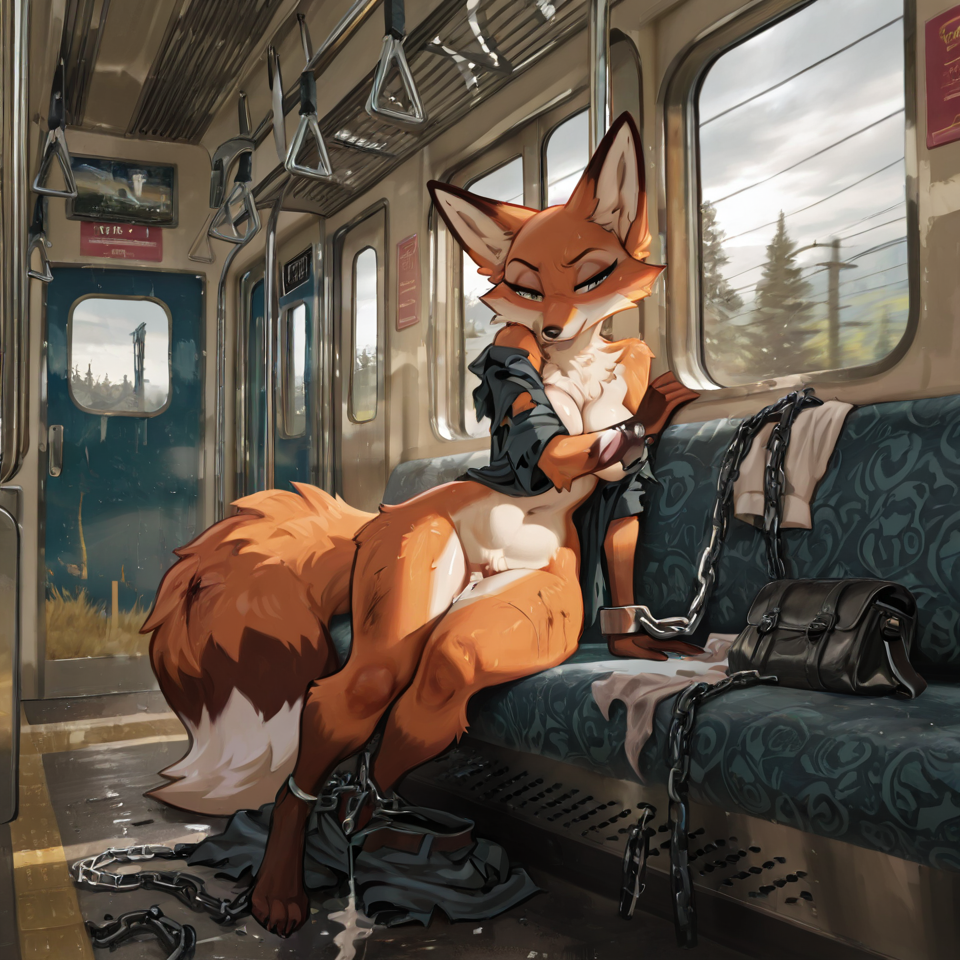 furry fox prisonner female in train, barefoot, dirty body, chained, undressed, pubic hair, tail, fluffy fur, thick fur, (((shamefull))), ripped clothes, after sex