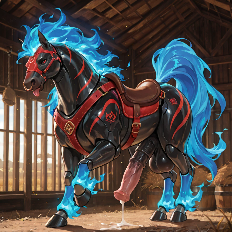 Stallion, realistic_feral,, animal_penis,  licking_tip, nose_ring, blue fire mane, saddle, cum_drip, huge_penis, fullbody stable, robot black_body, cock_ring, stripes, red_eyes, one_leg_up,