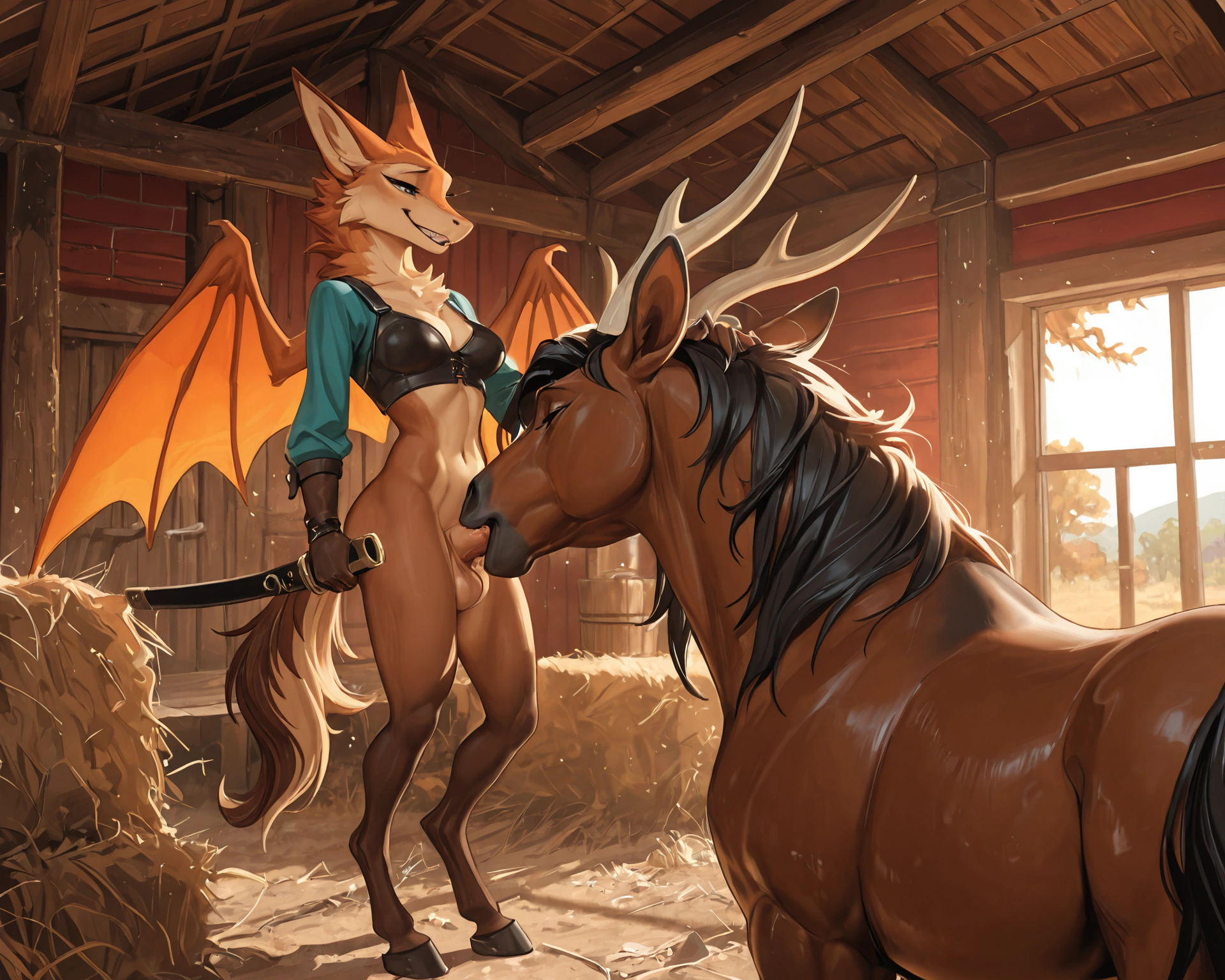 by_kluclew, bestiality, intraspecies_bestiality, duo, furred_dragon, anthro, furred_wings, orange_fur, digitigrade, anthro_three_toes, dragon_claws, female, small_breasts, clothed_anthro, slender, happy, gleeful, toothy_smile, barn, stable, smaller, small_female, kneeling_oral_position, ball_fondling, lustful_gaze,  BREAK quadruped, equine, horse, feral, realistic_feral, brown_body, equine_genitalia, sheath, flaccid, fully_sheathed, larger_male, large_horse, beside_anthro, oral