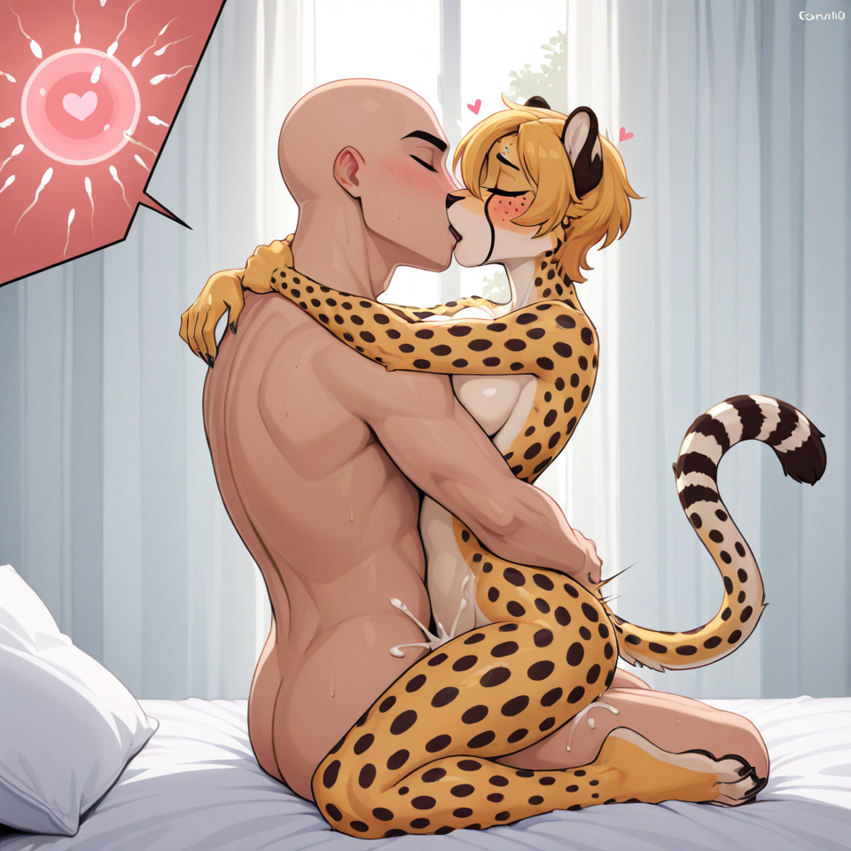 anthro_on_human, human, male/female, vaginal_penetration, impregnation, cum, (anthro_male, cheetah), male_anthro, female_human, female_human, female_human, love, breeding, hugging_from_front, romantic_couple, full_naked, kissing