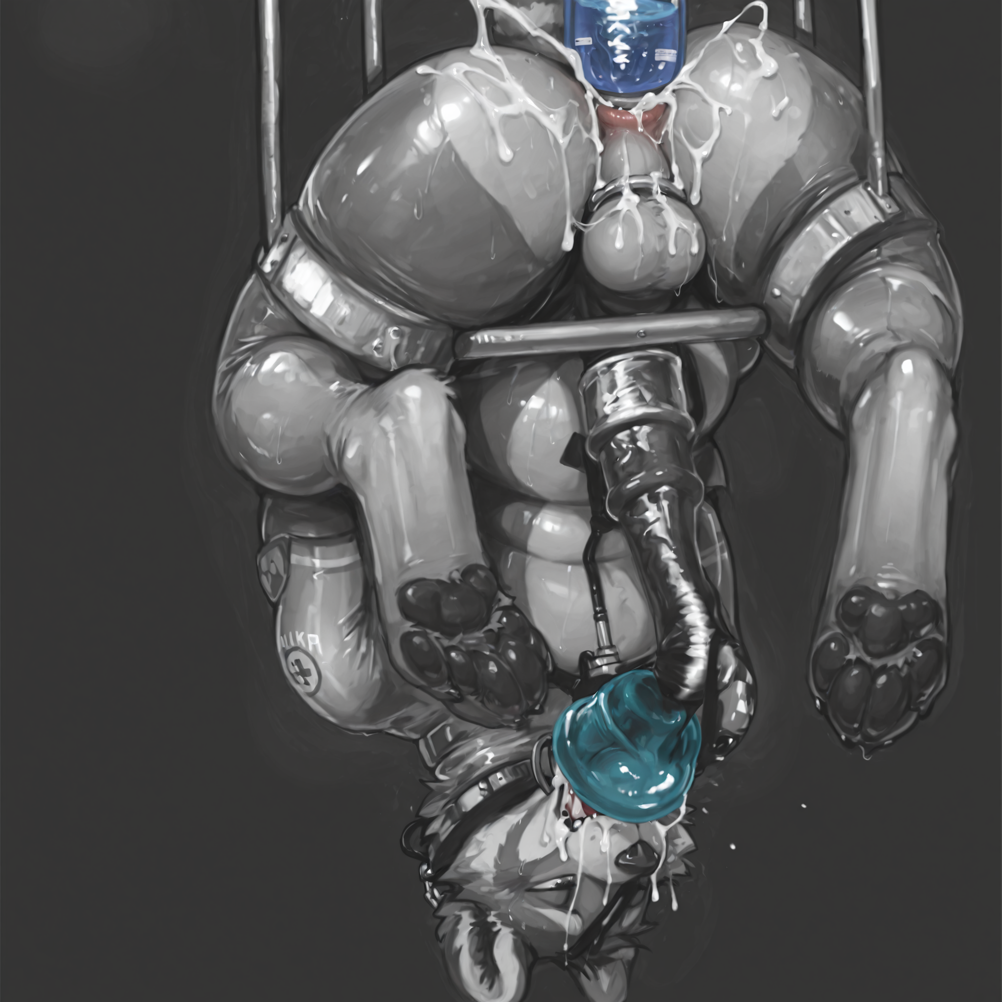 solo, red_panda, slightly_chubby, male, anthro, equine_penis, small_balls, anatomically_correct_penis, anatomically_correct, rubber_suit, chained, milking_machine, cum_in_own_mouth, laboratory, explicit