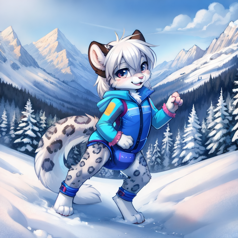 by tom fischbach,by arh,by seraziel,by silverfox5231, Character: feline,snow leopard, feral,detailed face,female,cute face, solo, solo, Wearing:  pattern skinsuit, diaper_under_clothing, vibrator_in_ass,  Scene:outside, mountain, snow, best_quality, HDR, 4K,
