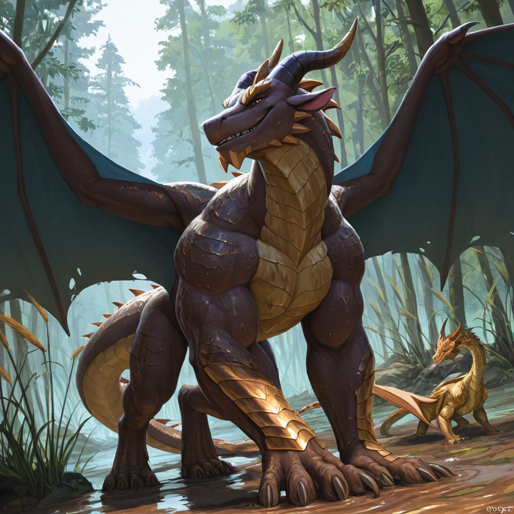(feral_male, muscular male MudWing from Wings of Fire) dragon, mud, swamp, reeds, friendly, smile, copper/gold scales, feral dragon, male dragon, on all fours,