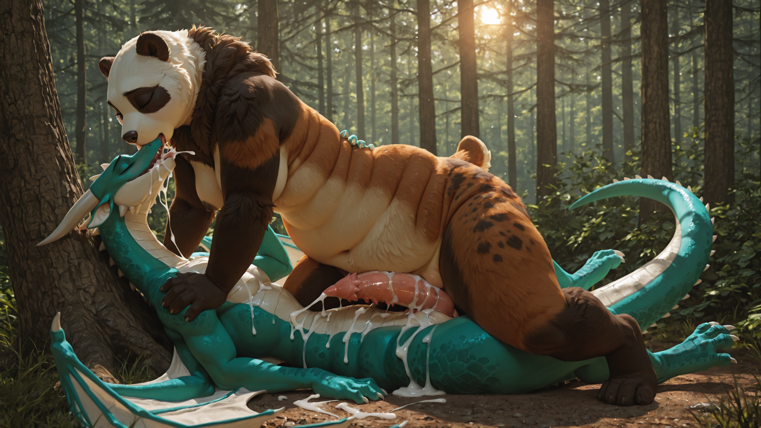 duo, (3d:1), (photorealism:1.3), (realistic:1.3), slightly_chubby_female, adult, (detailed:1), (panda:1.2), female, (feline_pussy:1.4), (feline_vulva:1.3), (fluffy:1),  (dragon:1.2), male, (obese_male:1.2), (genital_slit:1.2), (tapering_penis:2), (spiked_penis:1.6),  (pussyjob:2), female_riding_male, cowgirl_position, side_view, cum, excessive_cum, cum_everywhere, cum_in_mouth, cumshot, kissing, overstimulation, forest,  looking_pleasured,  full_body, lying_on_ground, leaning_on_object, female_on_top,