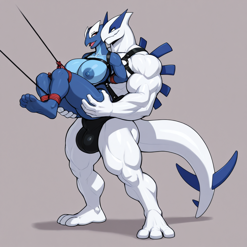 By Skygracer, female, lugia, muscular_anthro, big_breasts, big_butt, reverse_stand_and_carry_position, chest_harness, fully_bound, bound_together, arms_tied, legs_tied, tied_to_partner, cock_lifted, collared_together, leaning_forward BREAK male, lugia, muscular_anthro, male_penetrating_female, chest_harness, standing, carrying_partner, holding_waist, walking