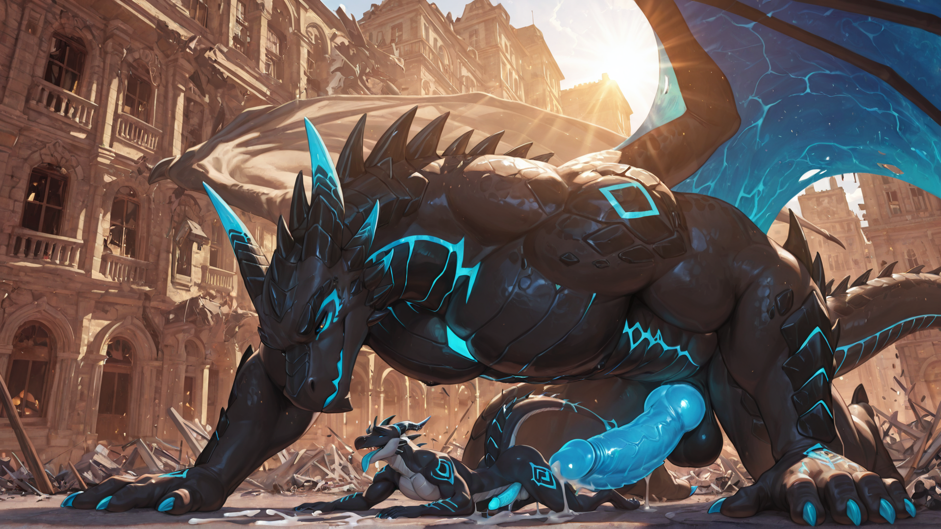 Aidennguyen17_style, adult only, male/male, Dragon_Acnologia, wings, muscular_male, muscular, glowing_penis, big_penis, crawling, self_lick, building_destruction, building_penetration, size_difference,  high quality, 4k, sunlight, cum_drip, more colorful,