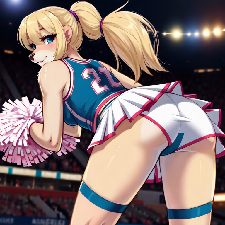 Female_deer, blonde_hair, ponytail, blue_eyes, cheerleader_outfit, bent_over, looking_back, no_underwear, dripping,