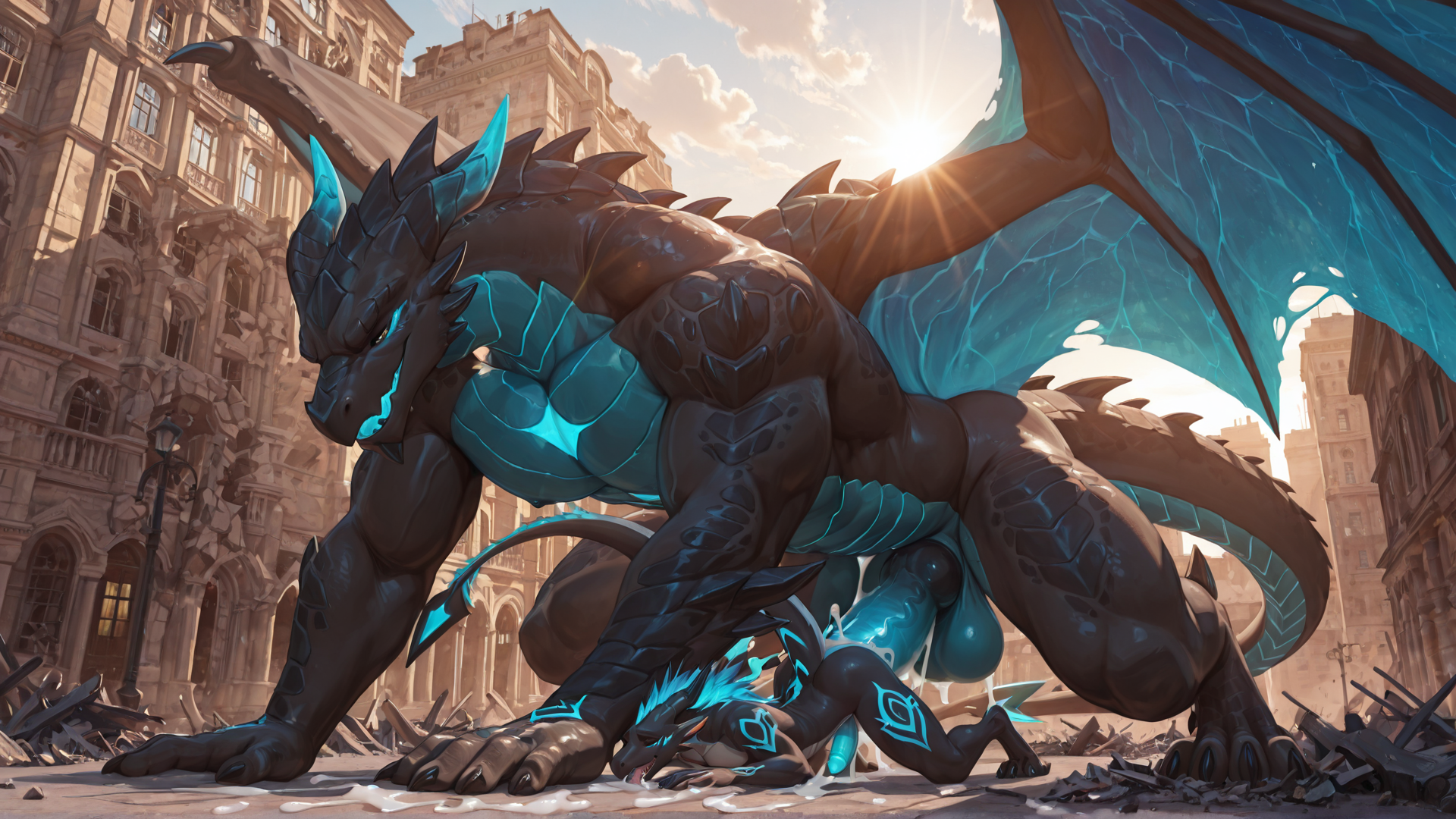 Aidennguyen17_style, adult only, male/male, Dragon_Acnologia, wings, muscular_male, muscular, glowing_penis, big_penis, crawling, self_lick, building_destruction, building_penetration, size_difference,  high quality, 4k, sunlight, cum_drip, more colorful,