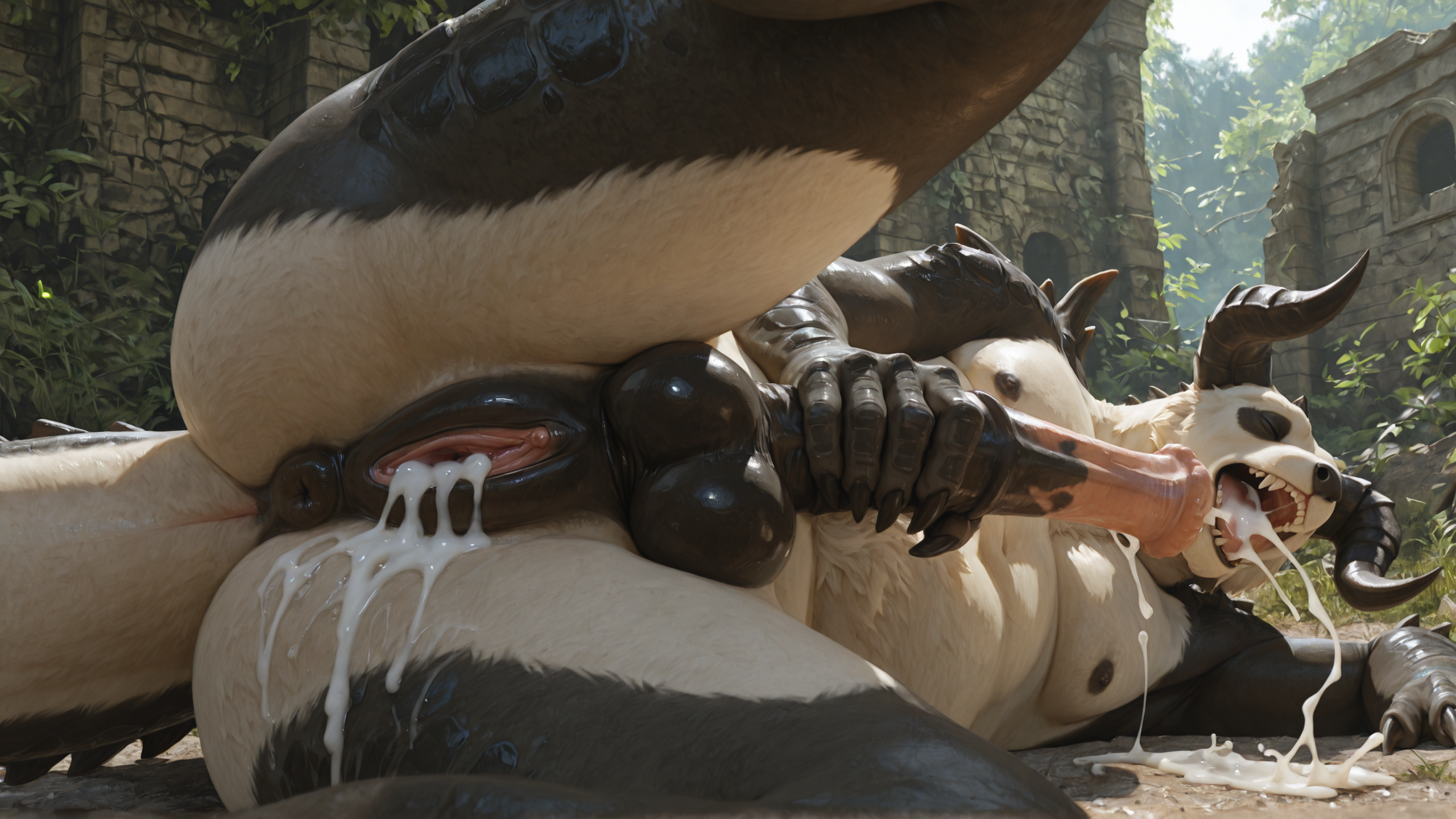 (photorealism:2), (realistic:2), (3d:1.2), realistic_penis_size, solo, intersex/male, slightly_chubby, black_body, white_body, (panda:1), (deathclaw:1.3), hybrid, equine_penis, genital_slit, (equine_pussy:1.2), ruins, side_view,  genital_close-up, lying_on_ground, presenting_vulva, masturbation, cum, cumshot_in_mouth, cum_in_vagina,