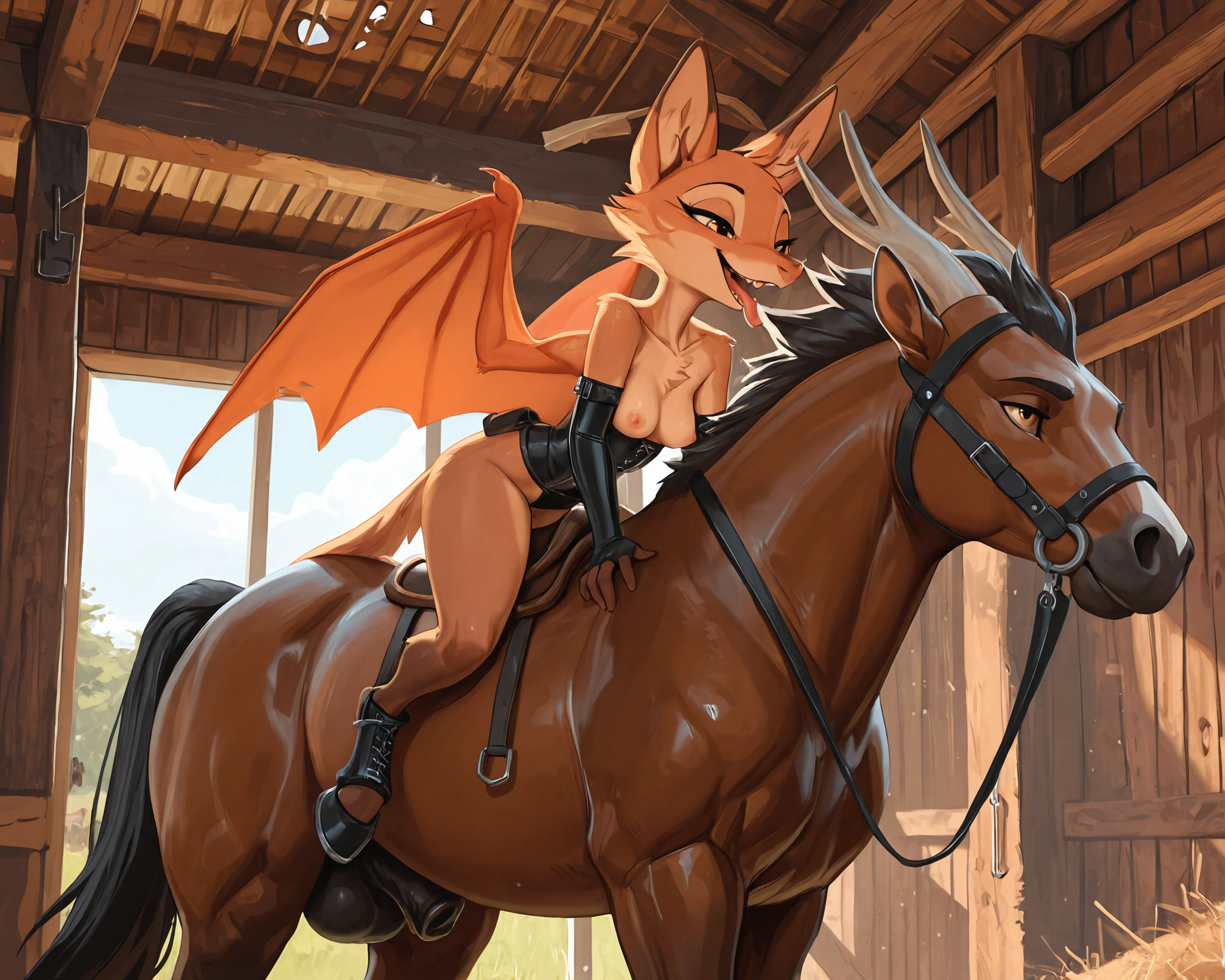 by_kluclew, bestiality, intraspecies_bestiality, duo, furred_dragon, anthro, furred_wings, orange_fur, digitigrade, anthro_three_toes, dragon_claws, female, small_breasts, clothed_anthro, slender, happy, gleeful, toothy_smile, barn, stable, smaller, small_female, kneeling_oral_position, ball_fondling, lustful_gaze, licking_sheath, oral, oral_penetration, under_feral BREAK quadruped, equine, horse, feral, realistic_feral, brown_body, equine_genitalia, sheath, flaccid, fully_sheathed, larger_male, large_horse, beside_anthro, male/female, feral_on_top