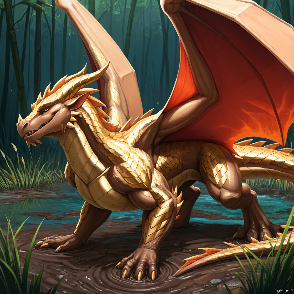 (feral_male, muscular male MudWing from Wings of Fire) dragon, mud, swamp, reeds, friendly, smile, copper/gold scales, feral dragon, male dragon, on all fours,