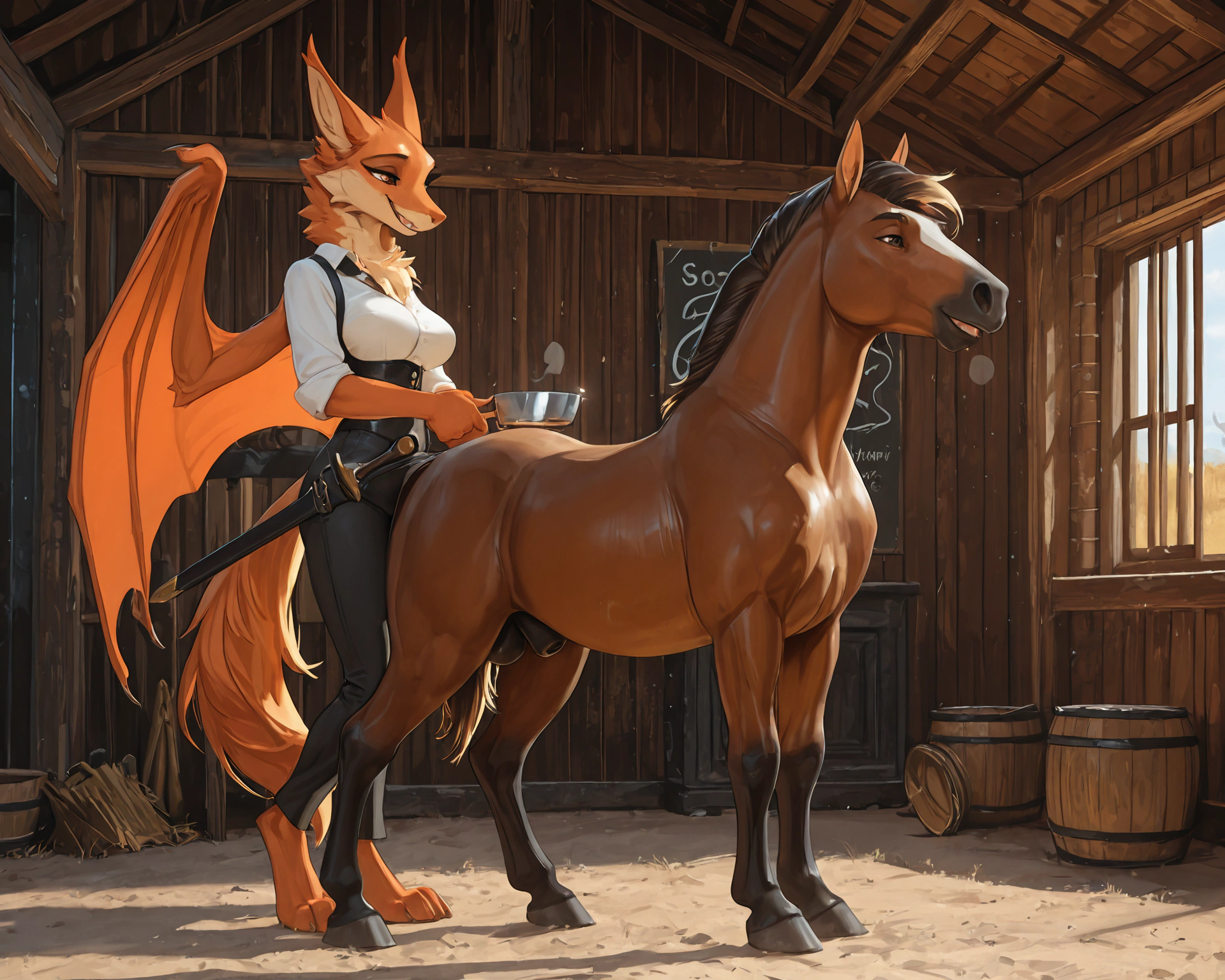 by_kluclew, duo, furred_dragon, anthro, furred_wings, orange_fur, digitigrade, three_toes, dragon_claws, female, small_breasts, clothed_anthro, slender, happy, gleeful, toothy_smile, barn, stable, brushing_horse, standing, next_to_partner, side_by_side BREAK quadruped, equine, horse, feral, realistic_feral, brown_body, equine_genitalia, sheath, flaccid, fully_sheathed