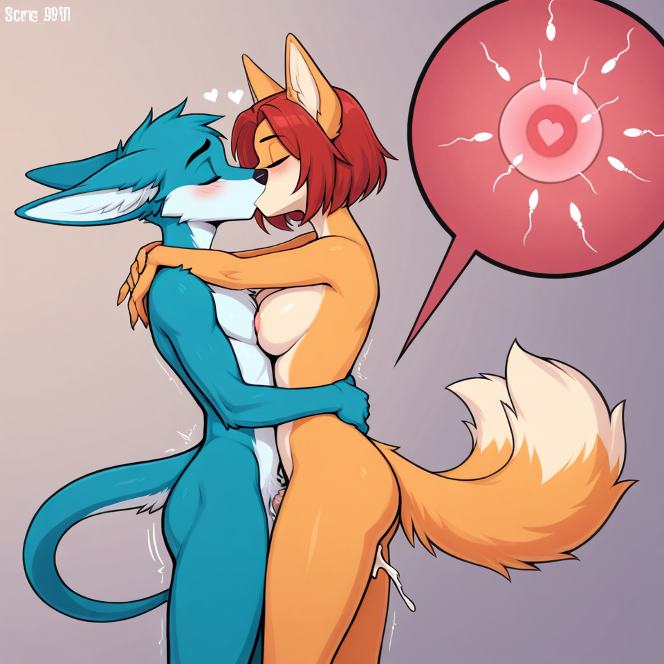 anthro_on_human, human, male/female, vaginal_penetration, impregnation, cum, anthro_Kitsune, multiple tail, male_anthro, female_human, female_human, female_human, love, breeding, hugging_from_front, romantic_couple, full_naked, kissing, standing