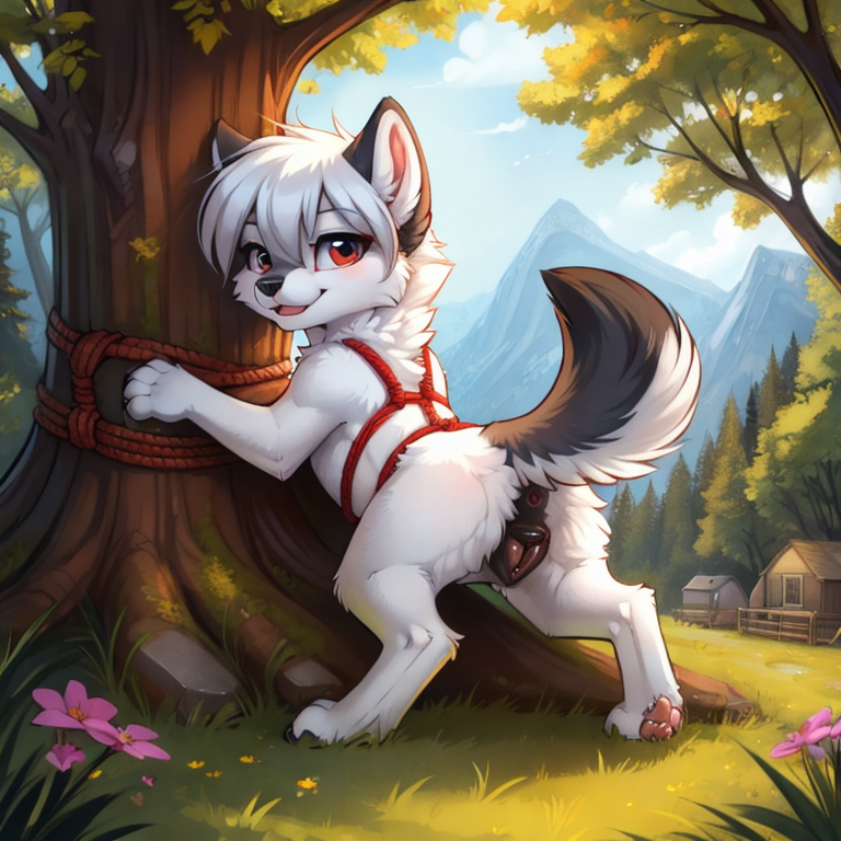 by tom fischbach,by arh,by seraziel,by silverfox5231, Character: wolf, canine, feral,detailed face,female,cute face, solo, black pussy(canine pussy, thick pussy,), black_anus, solo, Wearing:  rope_harness, big_buttplug insertion ass anthro, Scene:outside,best_quality, HDR, 4K,