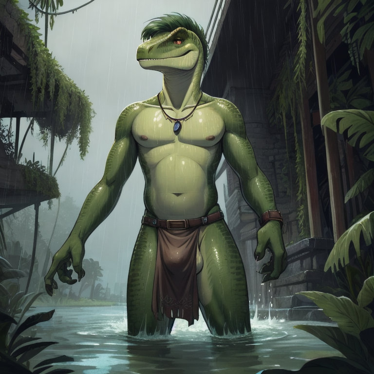by goolee
Male Raptor Dinosaur, Green skin, Green body, Dark green Hair necklace, penis, testicles, solo_focus, older_male, skinny_male, leg belt, complete green skin
Jungle, ruins, flaccid, presenting, raining flooded, water, ineffective_loincloth,