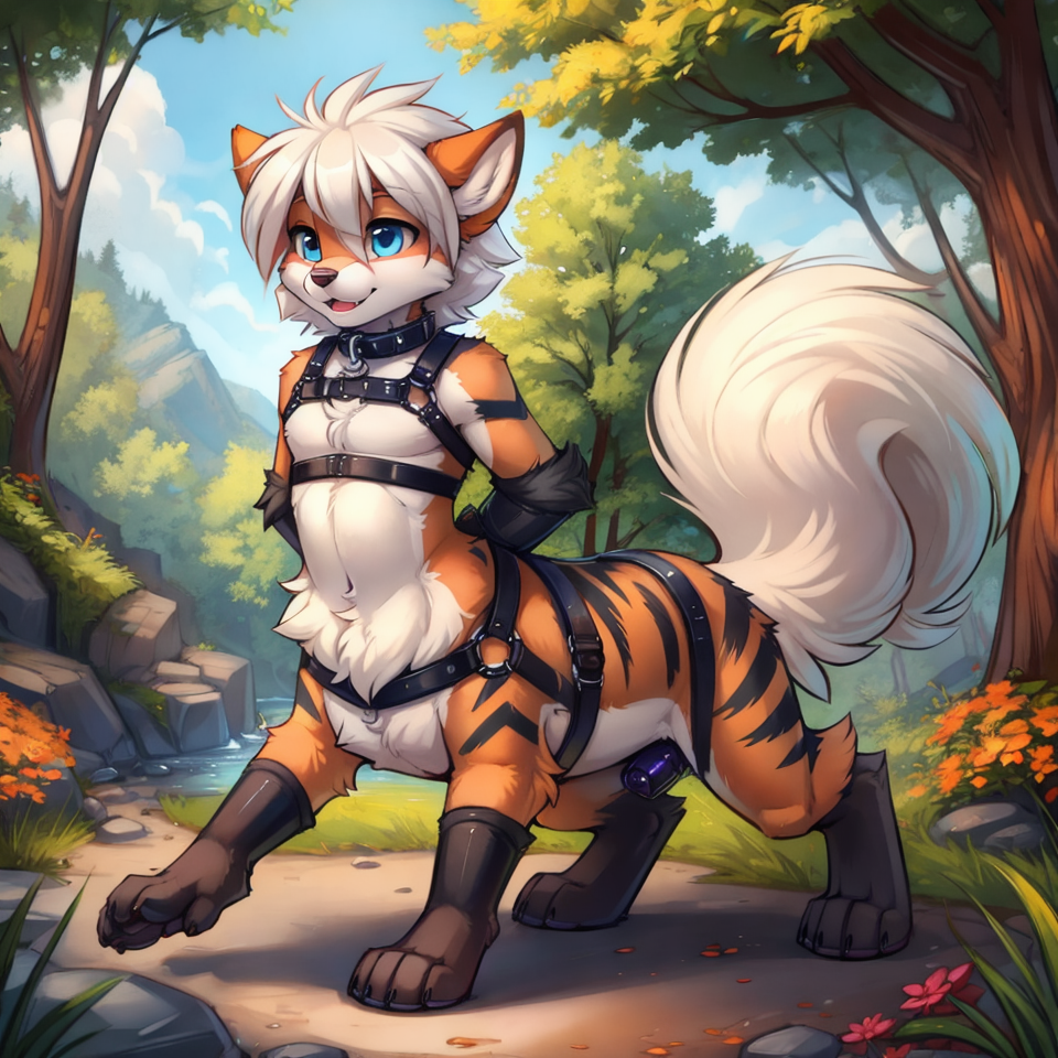 by tom fischbach,by arh,by seraziel,by silverfox5231, Character: Arcanine,blue eyes, taur,short_hair, detailed face,femboy,male,cute face, solo, Wearing: black dildo in pussy, black dildo in ass,collar,bound harness,
 Scene:outside,best_quality,
HDR, 4K,