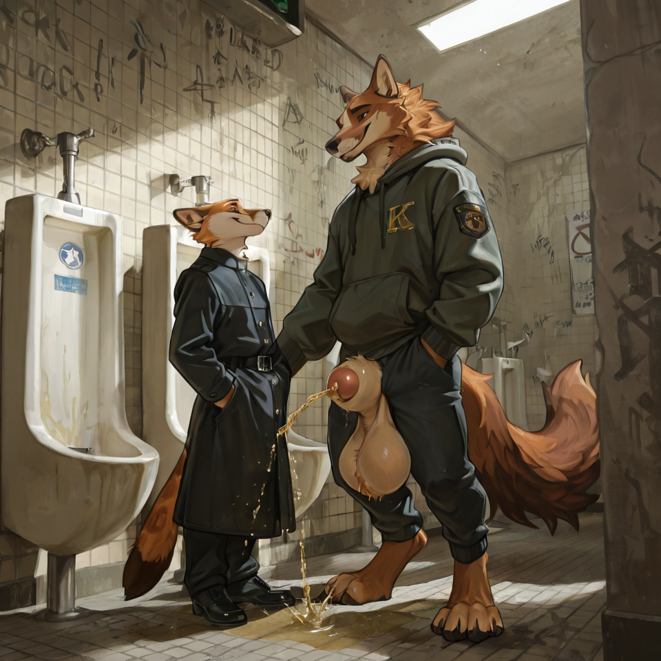 animal_genitalia, huge_sheath, huge_balls, urine_on_ground, fully_clothed, standing, public_restroom, urinal, smiling_at_another, fully_sheathed,