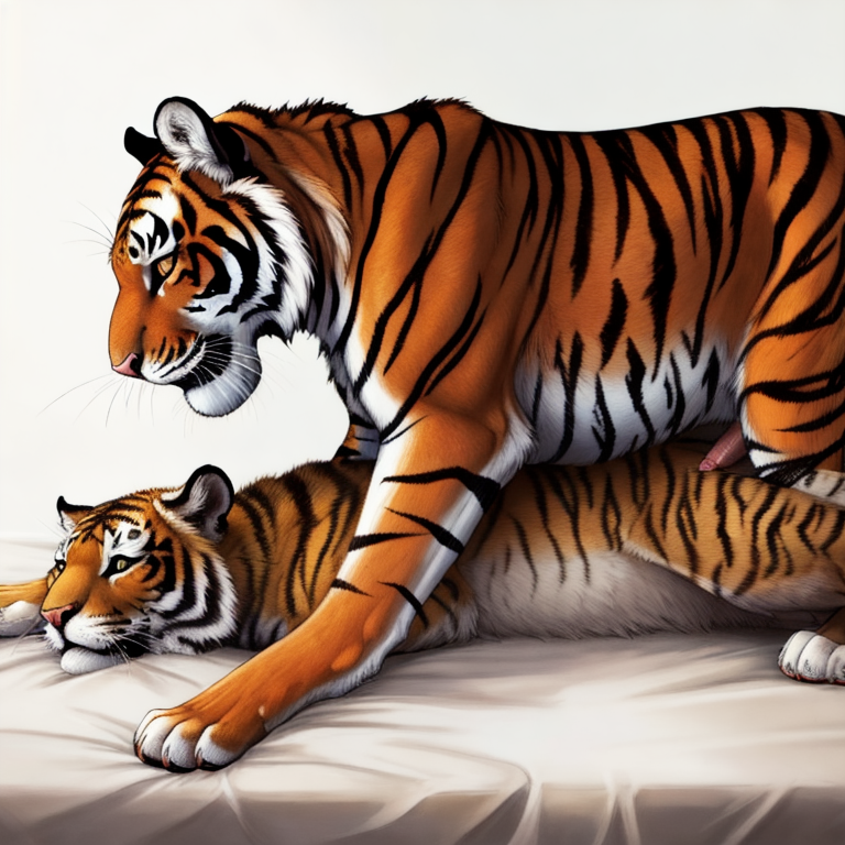 duo, tiger, realistic_feral, realistic_penis_size, anatomically_correct, anatomically_correct_genitalia, anatomically_correct_penis, feline_penis, feline_vulva, , feral, male_penetrating_female, , side_view, lying_on_bed,