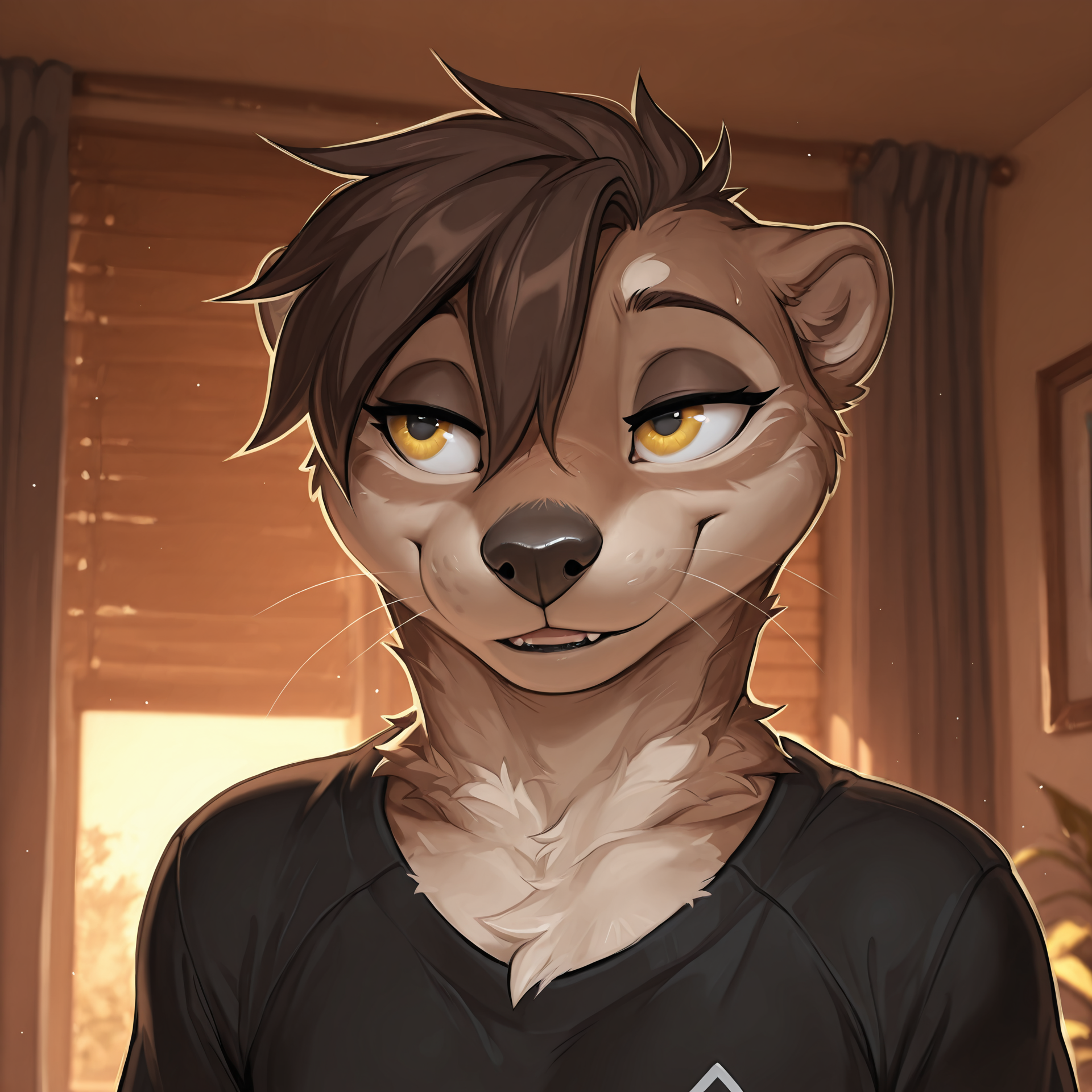 by chunie, by f-r95, by smileeeeeee, best quality, masterpiece, details, HDR, 4K, A male otter, solo, male, (mammal, mustelid), brown hair, yellow eyes, detailed pupils, eyelashes, seductive eyes, perfect eyes, open eyes), anatomically correct, (black fitness shirt), front view,  full view,