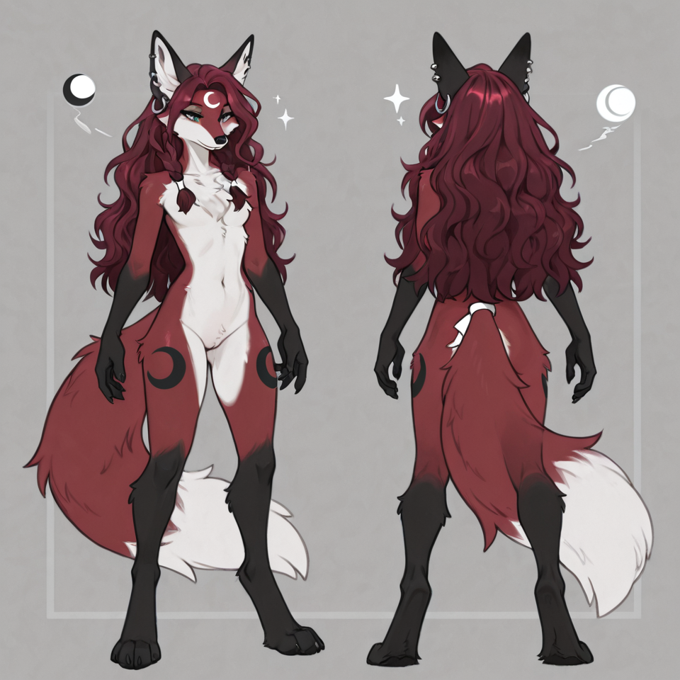 anthro female fox, dark burgundy red fur, slim build, digitigrade legs, nude, neutral pose, fluff on chest, dark red hair, wavy hair, long hair, loose hair, braided hair, multiple small braids, hair wraps light grey-green eyes, ivory muzzle, ivory chest fur, ivory belly fur, ivory tail tip, black forearms, black hands, black lower arms, black legs, black feet, black from knees down, black stripe next to nose, black ear tips, charcoal black markings, black stripes on thighs, black stripes on upper arms crescent moon marking, white crescent moon, upside-down crescent moon on forehead with points upwards, white crescent moon on tail, white crescent moon on black, long fluffy tail, tail accessory, metal tail ring, silver tail band, braided tail fox ears, ear piercings, silver ear hoops clean lines, suggestive
