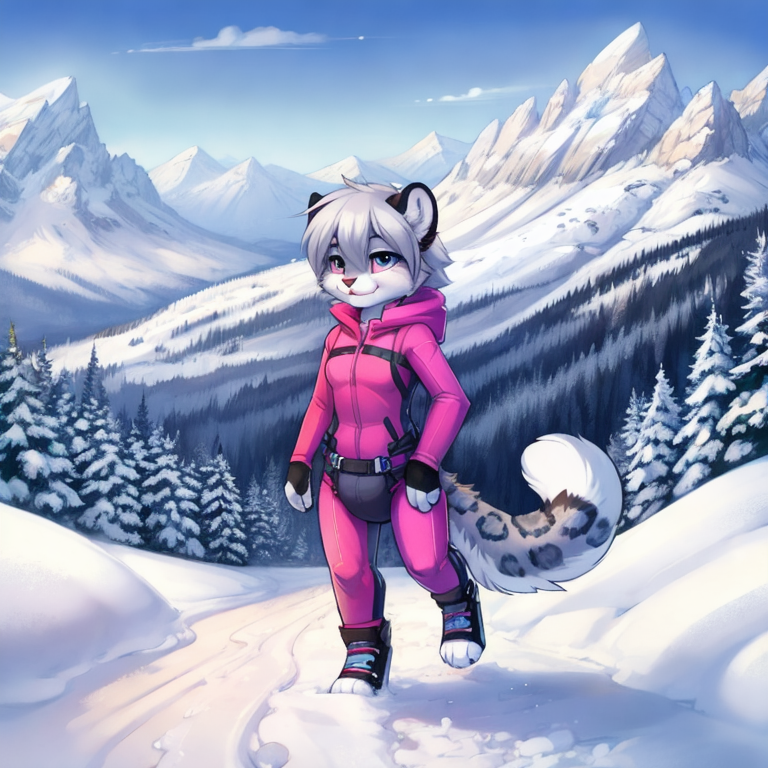 by tom fischbach,by arh,by seraziel,by silverfox5231, Character: feline,snow leopard, feral,detailed face,female,cute face, solo, solo, Wearing:  pattern skinsuit, diaper_under_clothing, vibrator_in_ass,  Scene:outside, mountain, snow, best_quality, HDR, 4K,