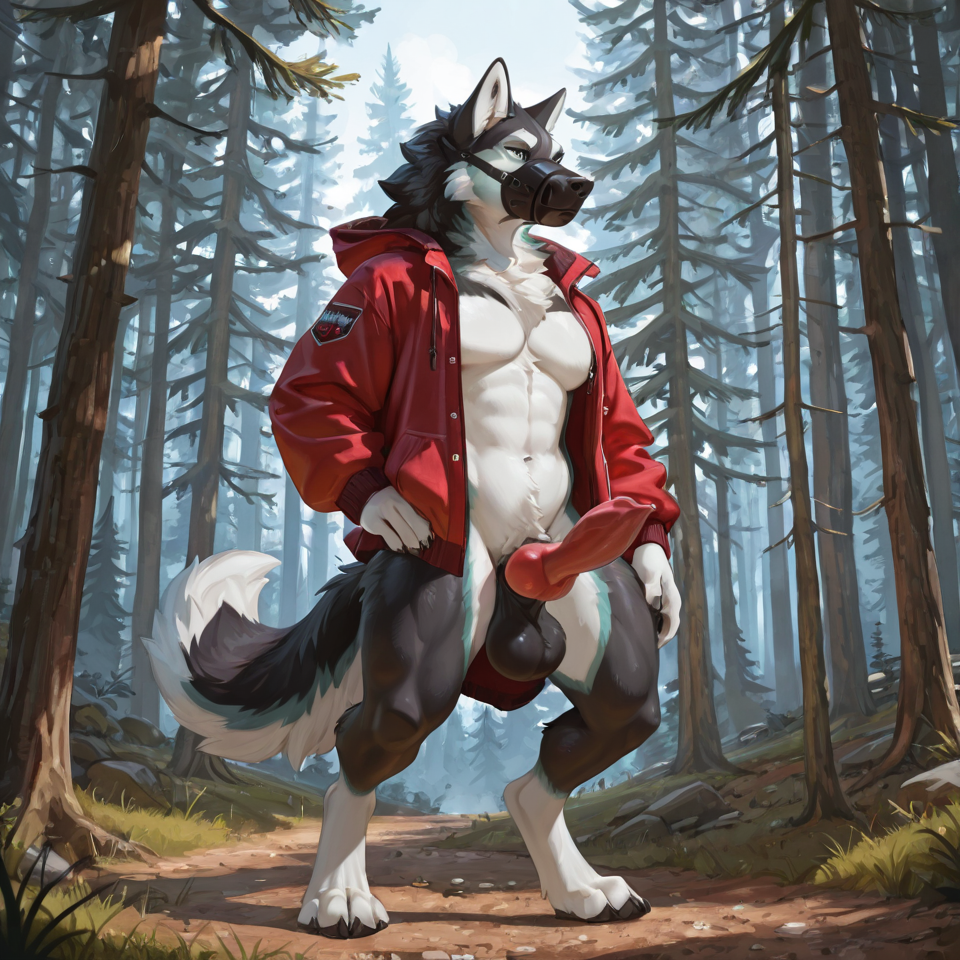 Anthropomorphic red and white husky trans woman, fully anthro, canine muzzle, black canine nose, full fur covered body, red and white husky coat pattern, digitigrade legs, canine paw feet, paw hands, non-human face structure, wolf-like facial proportions, thick fur, expressive canine ears, fluffy tail, anthro husky body proportions, animal-like anatomy, furry character, muscular curvy anthro build, strong digitigrade legs, anthropomorphic husky woman, not human, full furry character Confident stance, bold personality, Northern California forest setting, photorealistic furry anthro character fully anthropomorphic animal character, non-human anatomy, furry anthro character, animal face, canine muzzle anthropomorphic husky furry character, NOT human, animal head, canine muzzle, fur covered body, digitigrade legs, paw hands, paw feet, full anthro anatomy naked, fully_sheathed, sheathed_canine_penis, knotted_penis, canine_genitalia, red_penis, big_balls, full_balls,