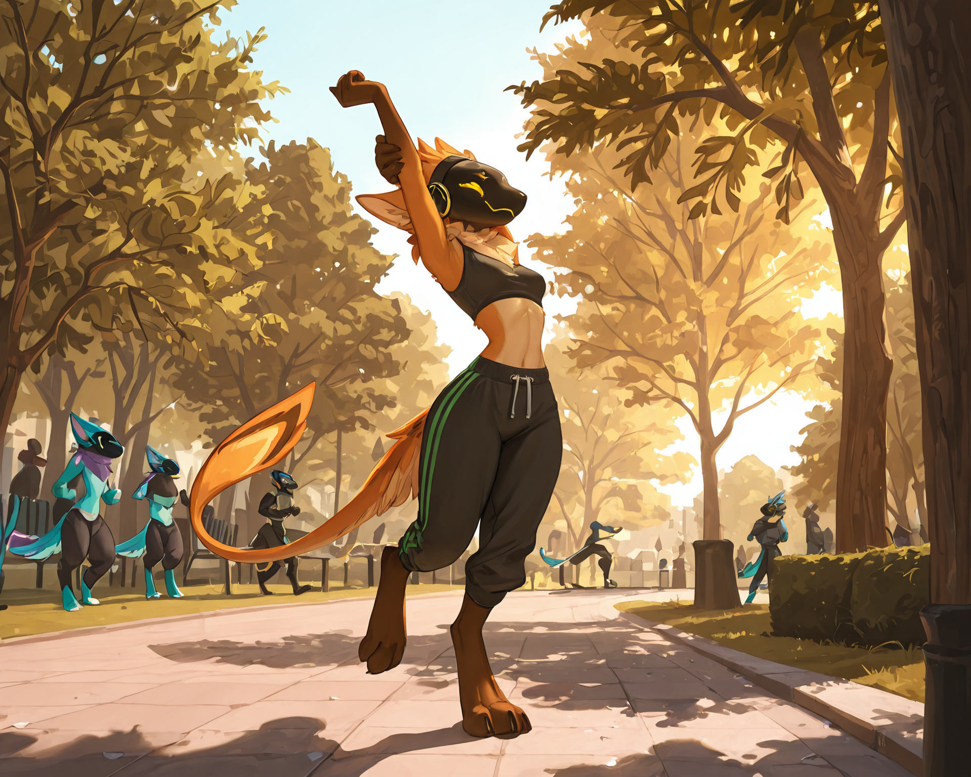 by_kluclew:1.5, solo_focus, protogen, avali, protogen_avali, hybrid, female, thin, slender, small_breasts, small_waist, jagged_mouth, jogging_clothers, digitigrade, three_toes, four_fingers, sweatpants, crop_top, sunny, park, populated_park, detailed_fur, being_watched, crowd, stretching