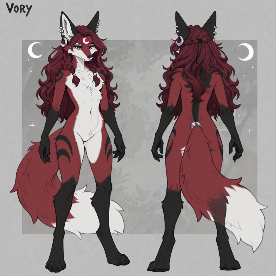 anthro female fox, dark burgundy red fur, slim build, digitigrade legs, nude, neutral pose, fluff on chest, dark red hair, wavy hair, long hair, loose hair, braided hair, multiple small braids, hair wraps light grey-green eyes, ivory muzzle, ivory chest fur, ivory belly fur, ivory tail tip, black forearms, black hands, black lower arms, black legs, black feet, black from knees down, black stripe next to nose, black ear tips, charcoal black markings, black stripes on thighs, black stripes on upper arms crescent moon marking, white crescent moon, upside-down crescent moon on forehead with points upwards, white crescent moon on tail, white crescent moon on black, long fluffy tail, tail accessory, metal tail ring, silver tail band, braided tail fox ears, ear piercings, silver ear hoops clean lines, full body, front view, reference sheet style