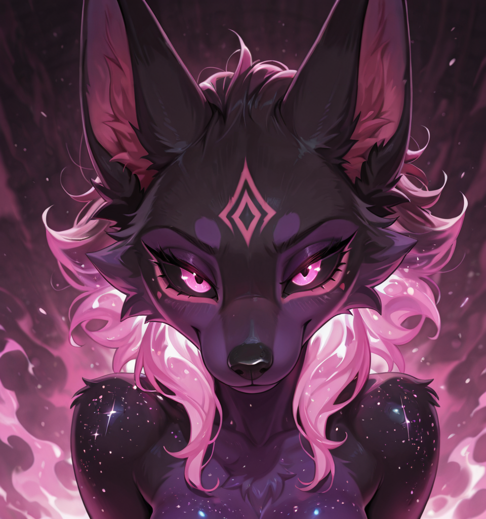 MASTERPIECE, FURRY, HIGH RESOLUTION, BEST QUALITY, AMAZING QUALITY, NEWEST, ULTRA-DETAILED, VERY AESTHETIC, DETAILED HAIR, DETAILED FLUFFY FUR, DEPTH OF FIELD, ABSURDRES, VOLUMETRIC LIGHTING, PHOTOREALISTIC DETAILS, ANTHRO, detailed_shadows, correct_anatomy (detailed_eyes), EyesHD, (detailed_face), (detailed_fluffy_fur), illuxy_style,, solo BREAK, ((black sclera)), ((pink eyes)), ((glowing eyes)) {ultra_detailed, , absurd_resolution, 8k, masterpiece, looking at viewer, half-closed eyes, smile, blush, ((fire hair)), ((glowing hair)), (((flame hair)))} {ultraviolet light, glowing, glowing hair, glowing eyes} {looking_at_viewer, cocky_expression, scenery, (happy:1.0), (aggresive:1.2), (sexy:0.9), wide_eyes} anthro_fox, violet_fur, pink_head_hair, wolf_face, anthro_wolf, violet_skin, glowing_hair, cosmic_fur, glowing_eyes, furry, galaxy_fur, white_sclera, pink_cornea, hair_between_eyes, inner ear fluff, cosmic_fur, purple_hair, pink_tips, glowing_hair, glowing_ears, cheektuft, galaxy