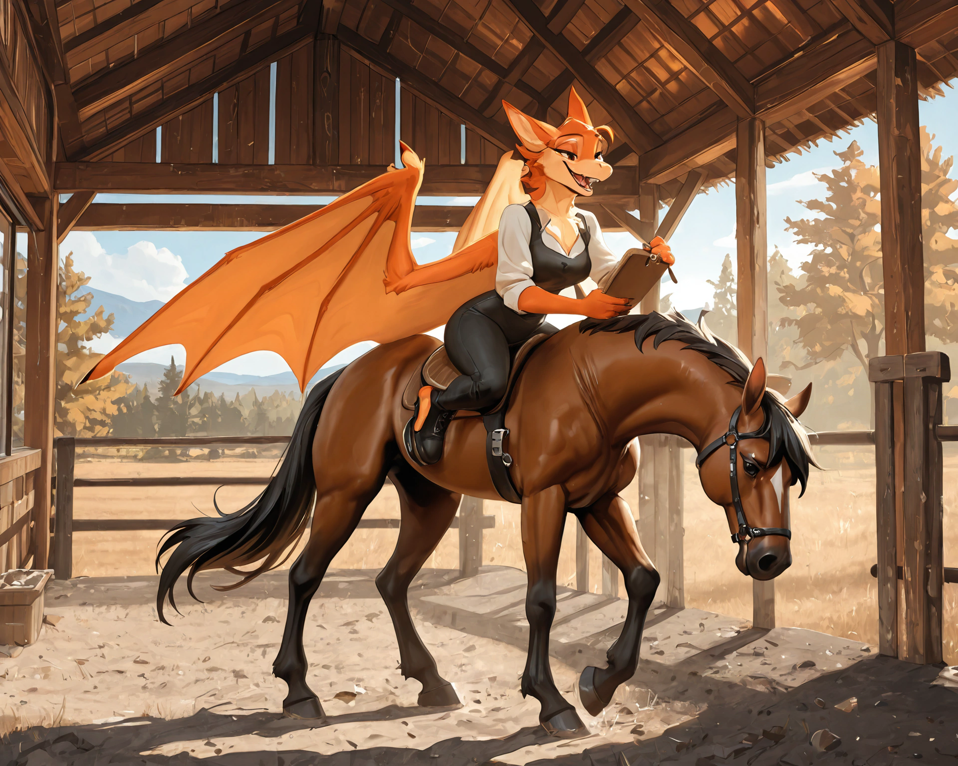 by_kluclew, furred_dragon, anthro, furred_wings, orange_fur, digitigrade, three_toes, dragon_claws, female, small_breasts, clothed_anthro, slender, happy, gleeful, toothy_smile, barn, stable, brushing_horse BREAK quadruped, equine, horse, feral, realistic_feral, brown_body
