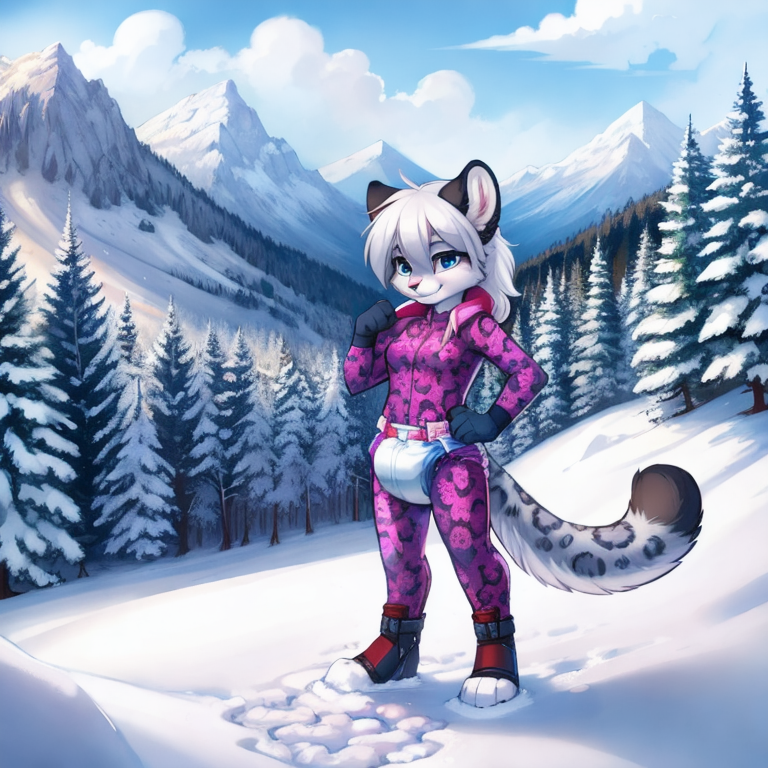 by tom fischbach,by arh,by seraziel,by silverfox5231, Character: feline,snow leopard, feral,detailed face,female,cute face, solo, solo, Wearing:  pattern skinsuit, diaper_under_clothing, vibrator_in_ass,  Scene:outside, mountain, snow, best_quality, HDR, 4K,