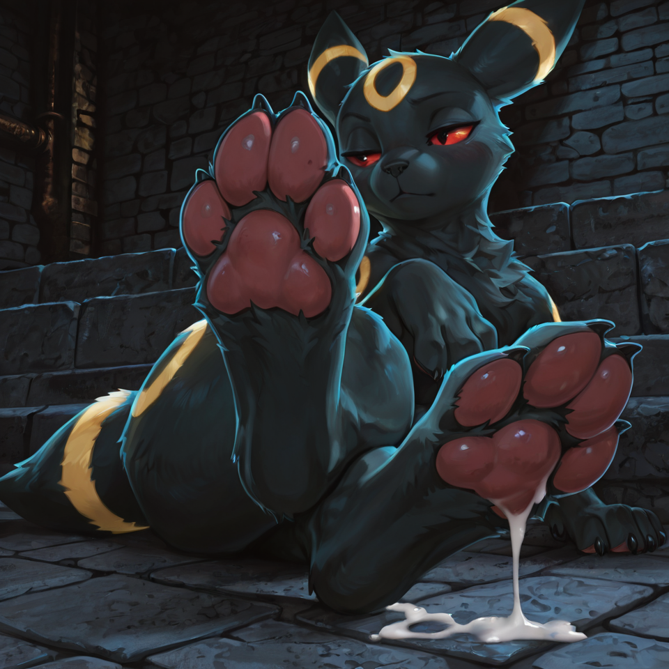 umbreon, animal_genitalia,    huge_filesize, one_eye_half-closed,  realistic, cum_dripping_from_penis,   stone_floor, dark,  eye_roll,  foot_focus, solo, crossed_legs, pawpads,