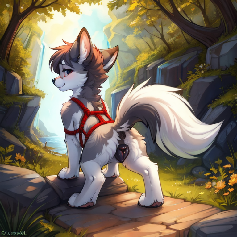 by tom fischbach,by arh,by seraziel,by silverfox5231, Character: wolf, canine, feral,detailed face,female,cute face, solo, black pussy(canine pussy, thick pussy,), black_anus, solo, Wearing:  rope_harness, big_buttplug insertion ass anthro, Scene:outside,best_quality, HDR, 4K, exposed genitalia,rear view, looking for wiewer,