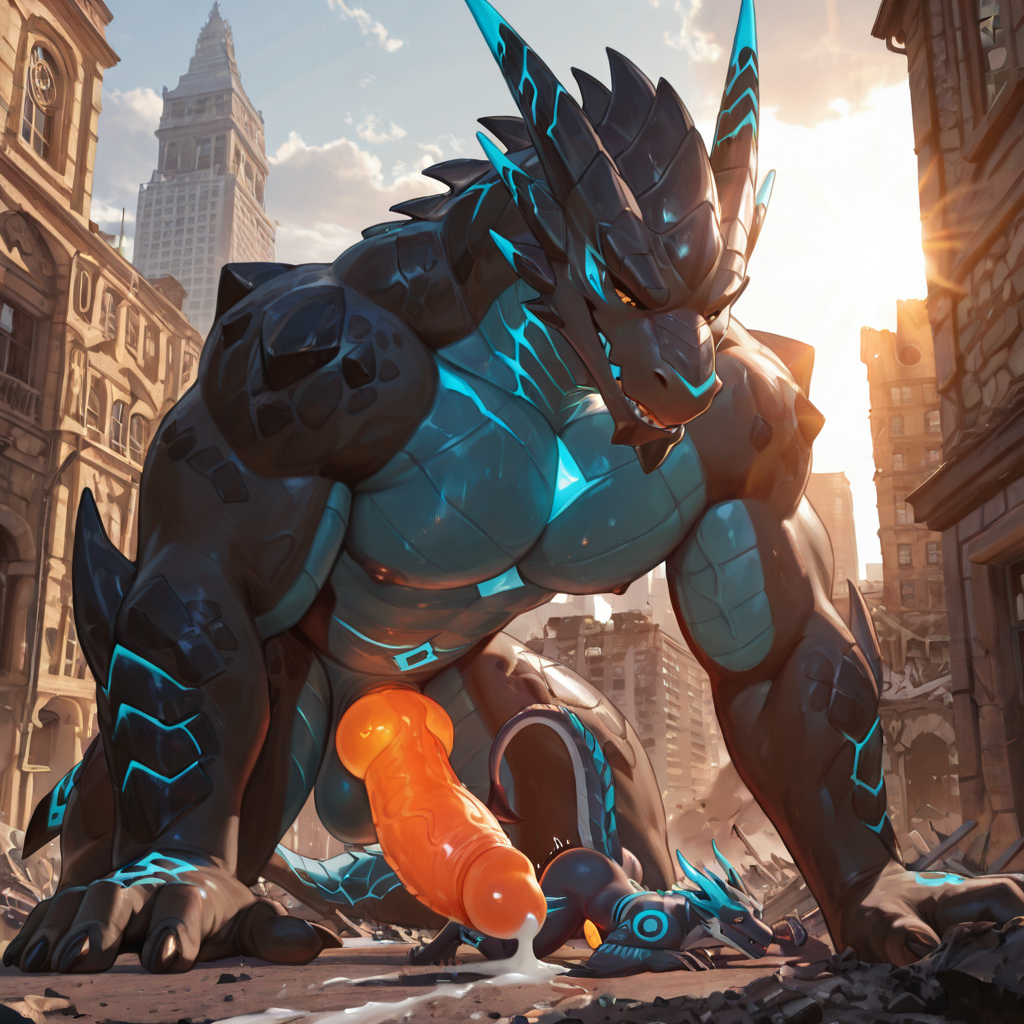 Aidennguyen17_style, adult only, male/male, Dragon_Acnologia, muscular_male, glowing_penis, big_penis, crawling, self_lick, building_destruction, building_penetration, size_difference,  high quality, 4k, sunlight, cum_drip, more colorful,